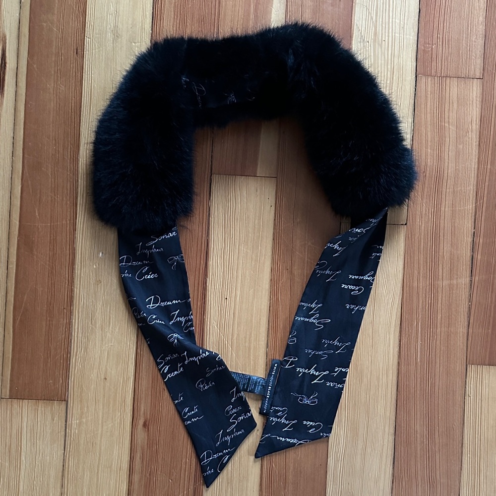 White House Black Market Black Script Satin Collar Scarf